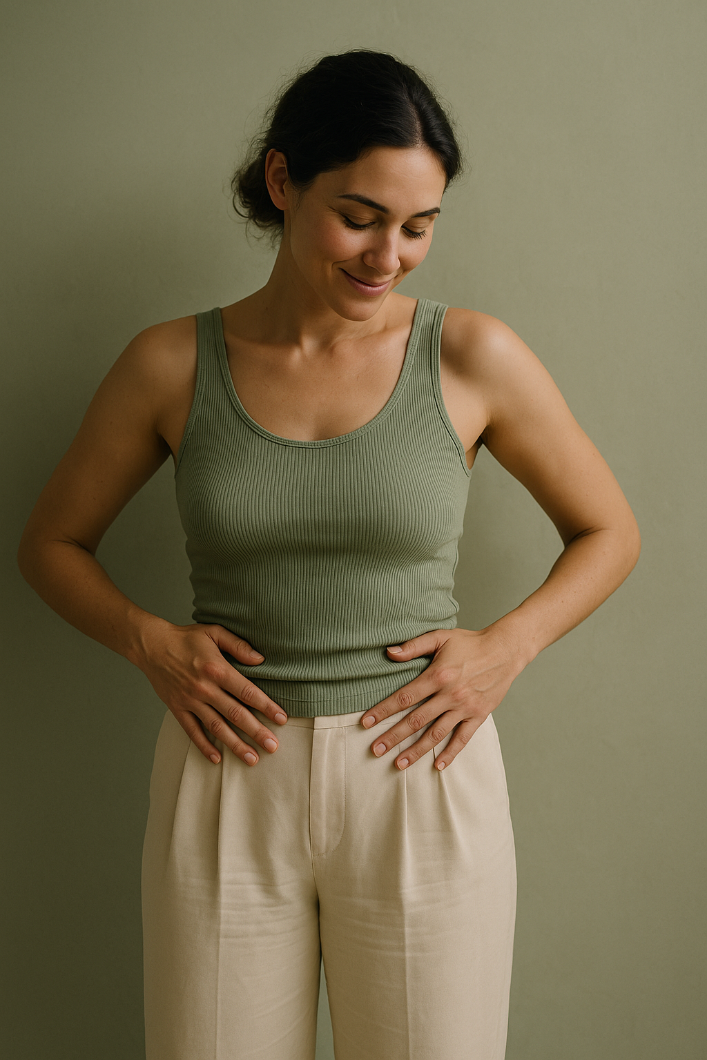 Kvinna med händerna på midjan, stolt leende