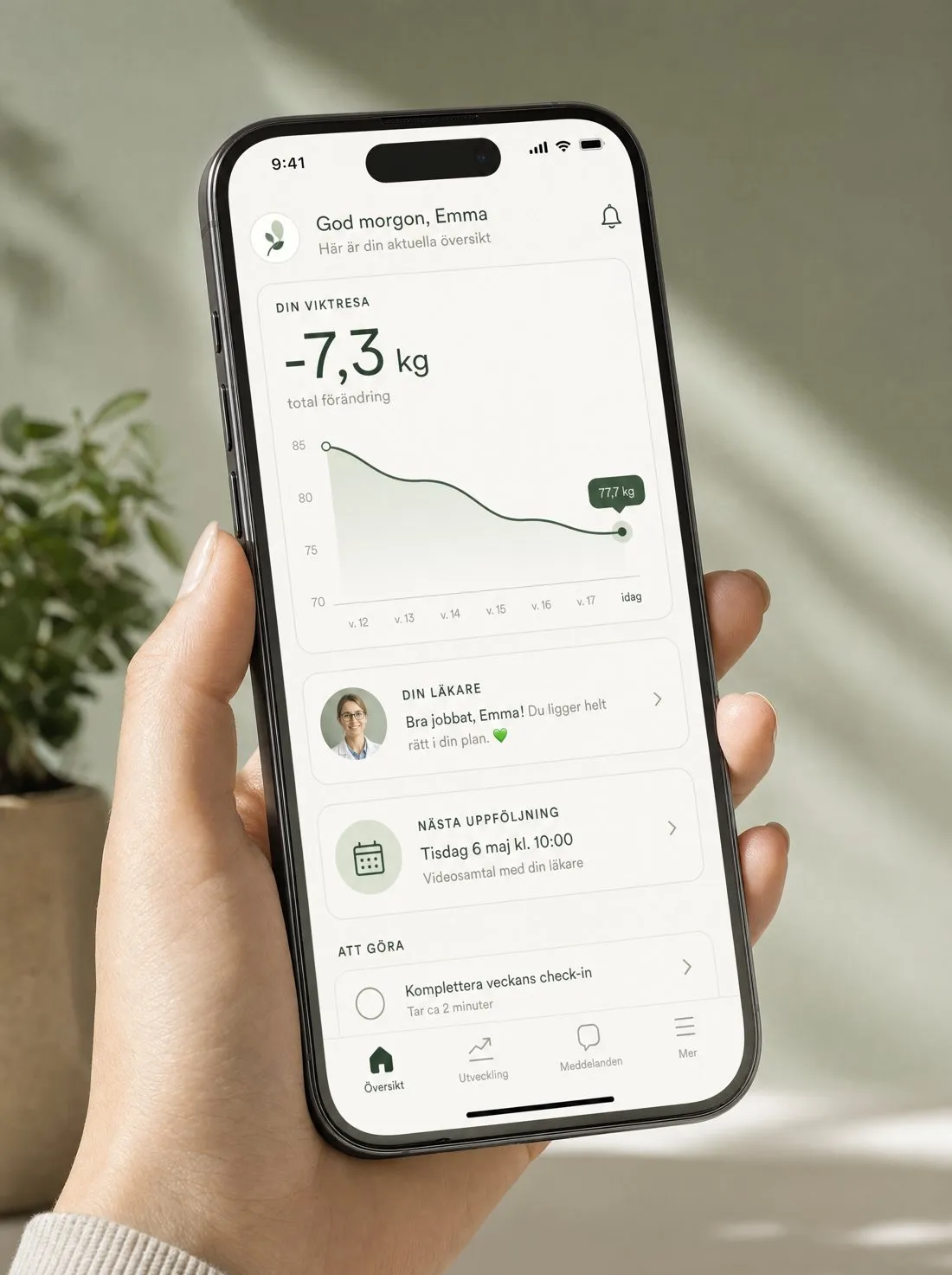 Lipio-appen med viktkurva och chatt med vårdteamet