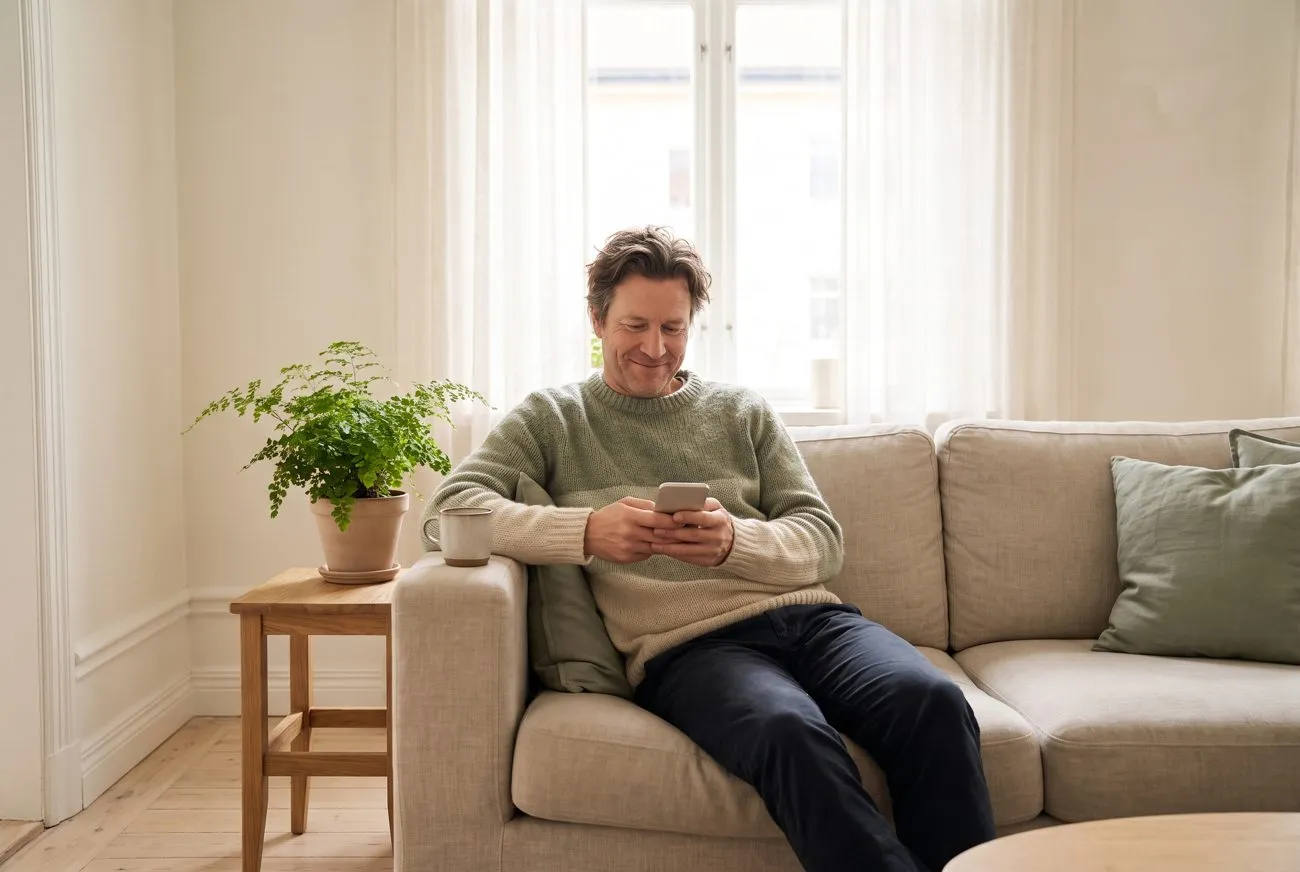 Man i soffa som chattar lugnt med sitt vårdteam